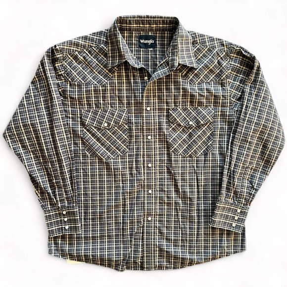 Vintage Wrangler Western Cowboy Button Down Rodeo Ranch Shirt XL Blue Green Tan - Picture 3 of 11